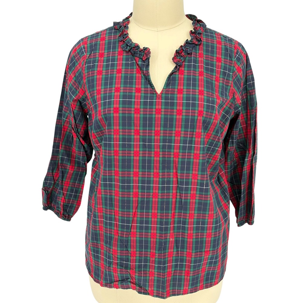 Talbots Blouse Red Green Plaid Metallic Ruffle Neck 2X